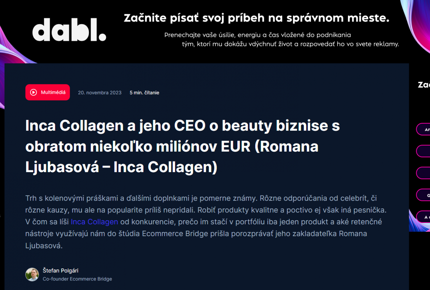 CEO Inca Collagen Romana Ljubasová bola hosťom v štúdiu Ecommerce Bridge